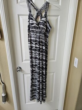 Pink Republic Black and White Striped Tie-Dye Maxi Dress with Crisscross Straps